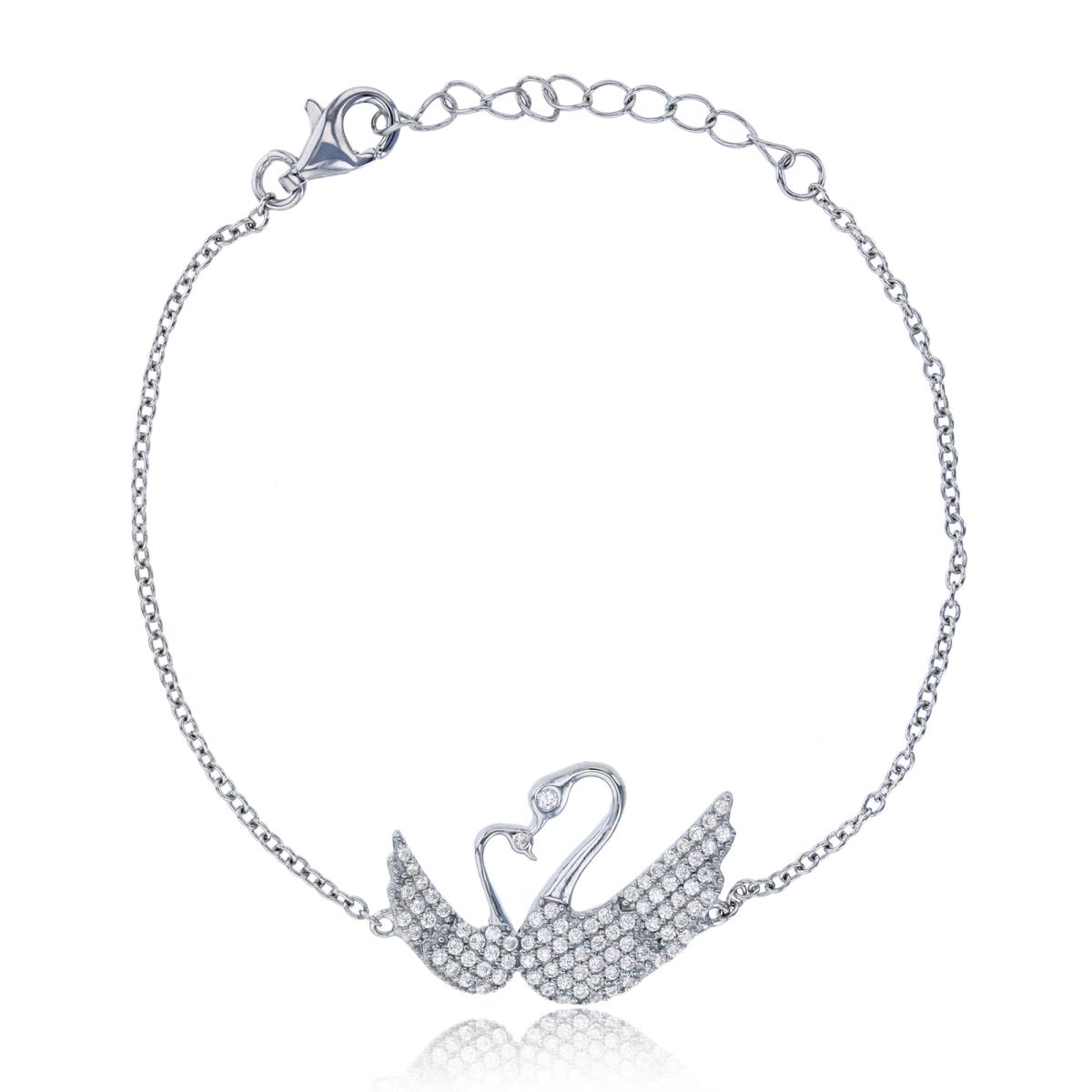 Sterling Silver Rhodium Pave Mommy & Baby Swan 7.25" Bracelet with Extender
