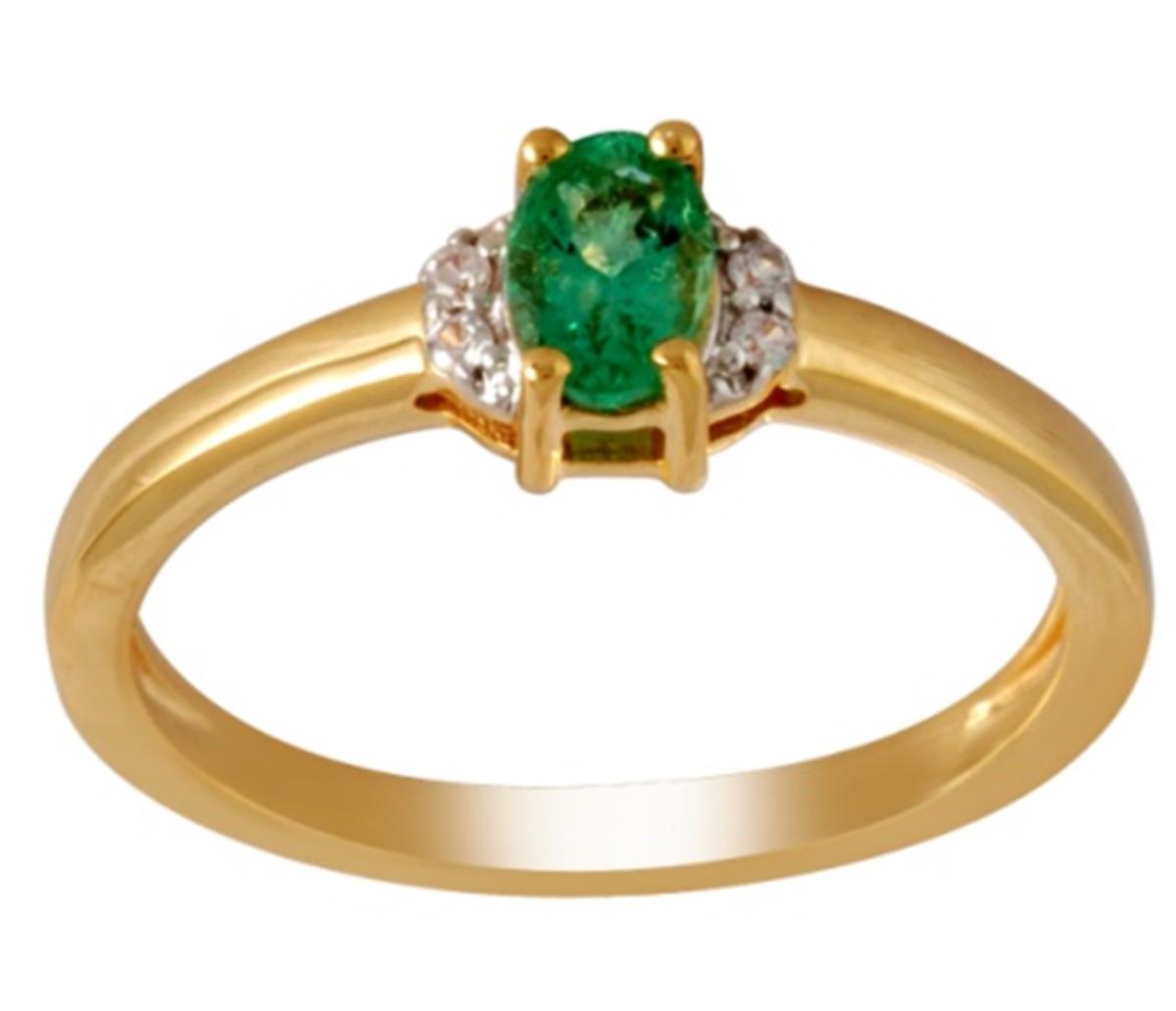 10K Yellow Gold 6x4mm Zambia Light Emerald Oval Cut with White Rd Zircon Sides Ring