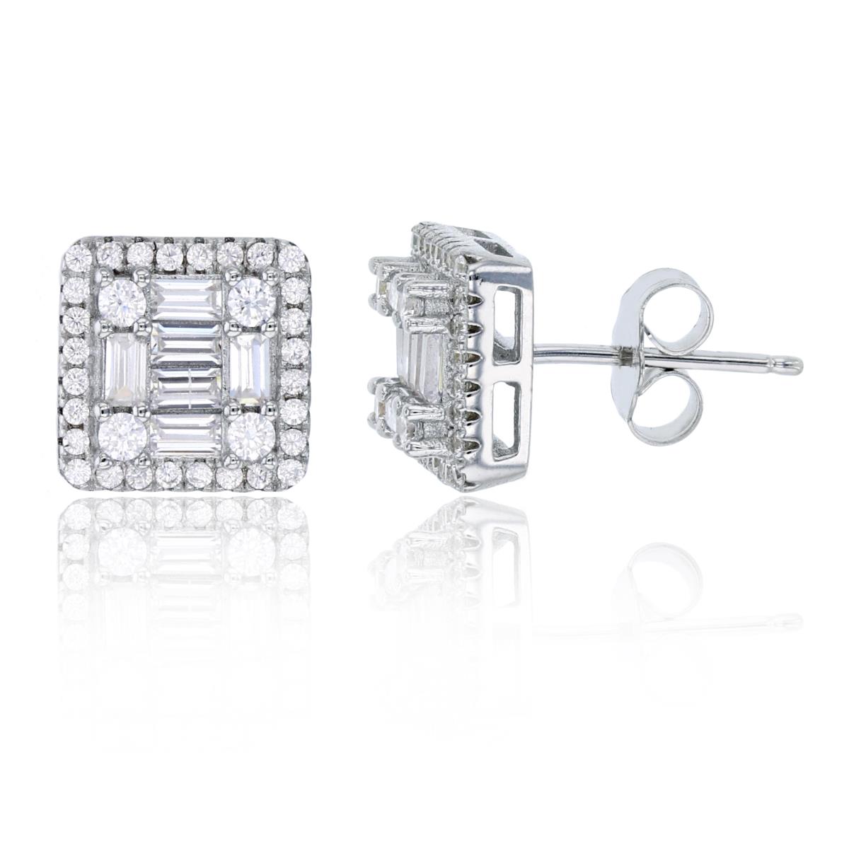 Sterling Silver Rhodium 10x10mm Pave Rd & Baguette CZ Square Stud Earring