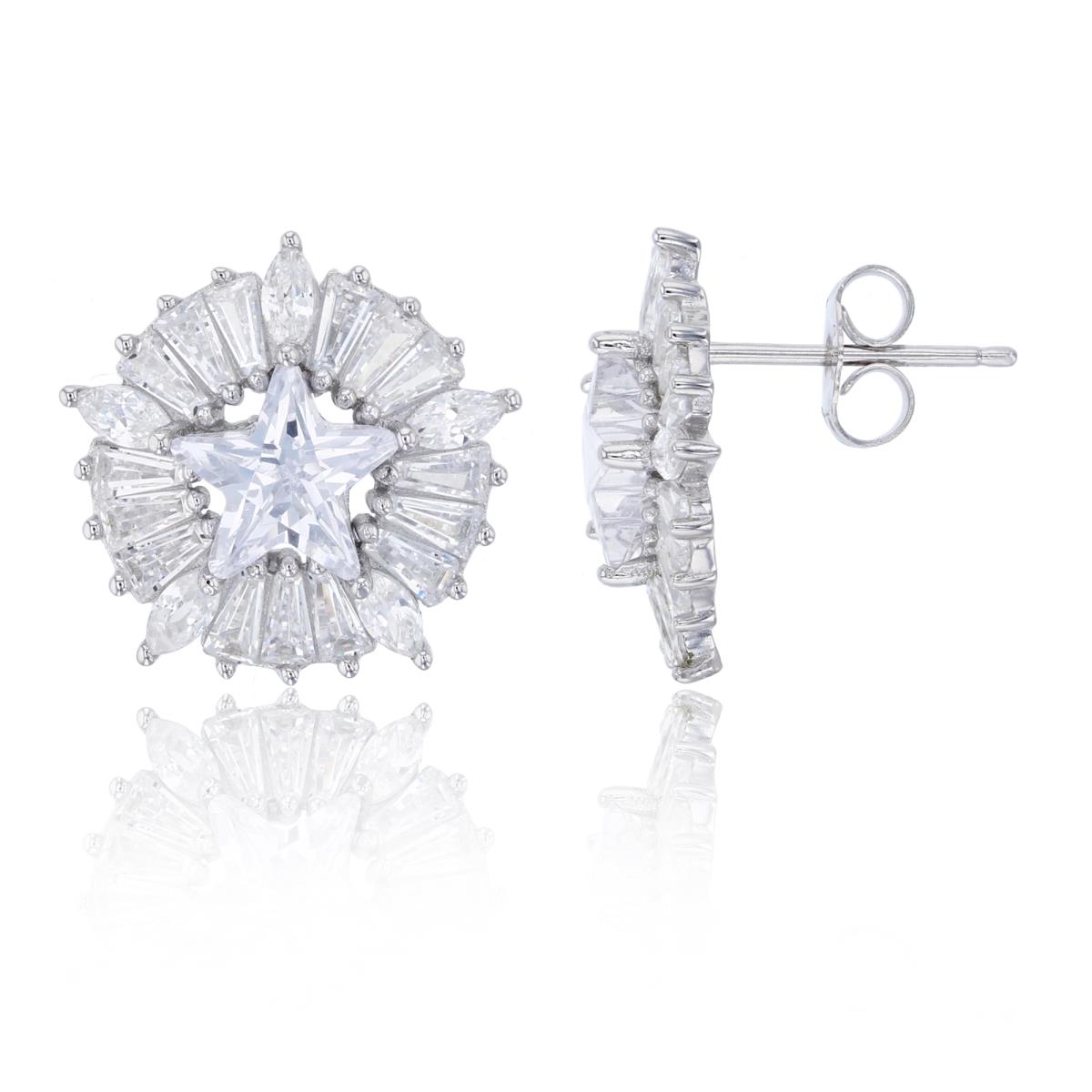 Sterling Silver Rhodium 8mm Star Cut & Pave Baguette & Marquise CZ Circle Stud Earring