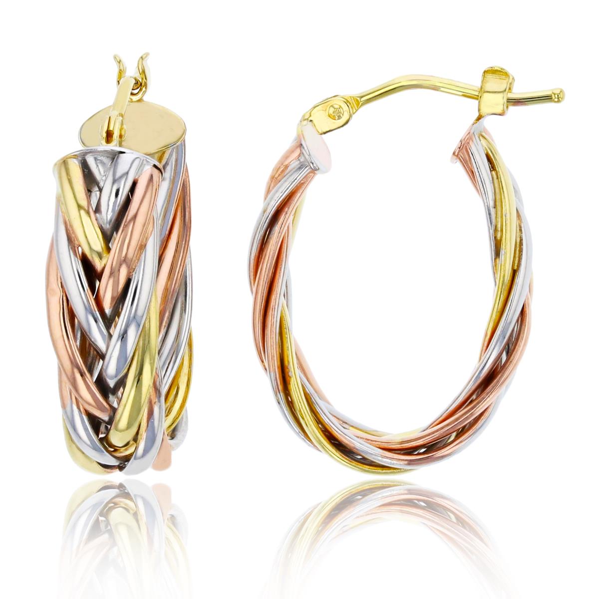 14K Tricolor Gold Polished 6mm Wide Braided Oval Hoop Earring
