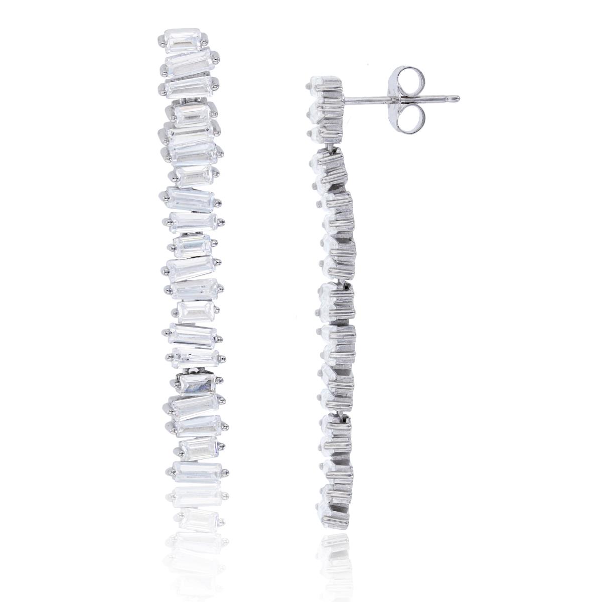 Sterling Silver Rhodium One-Row Baguette CZ Dangling Earring