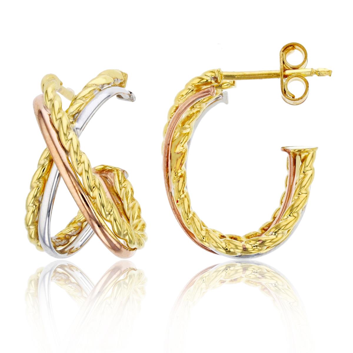 14K Tricolor Gold Polished & Rope "X" Open Hoop Earring