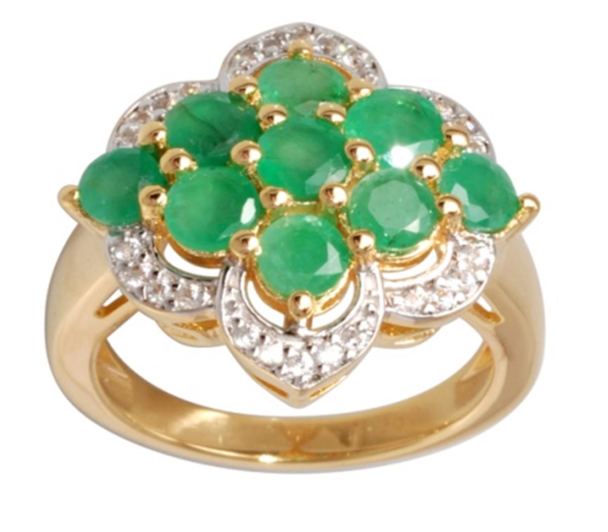Sterling Silver Yellow 1-Micron 4mm Round Sakota Emerald & White Zirconia Flower Fashion Ring