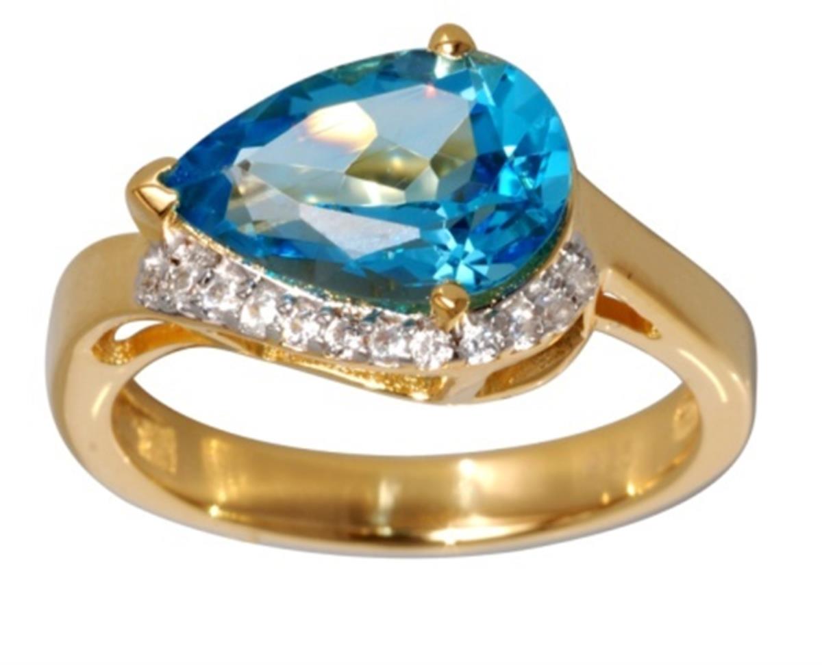 10K Yellow Gold 12x8mm Pear Cut Swiss Blue Topaz & Rd White Zircon Fashion Ring