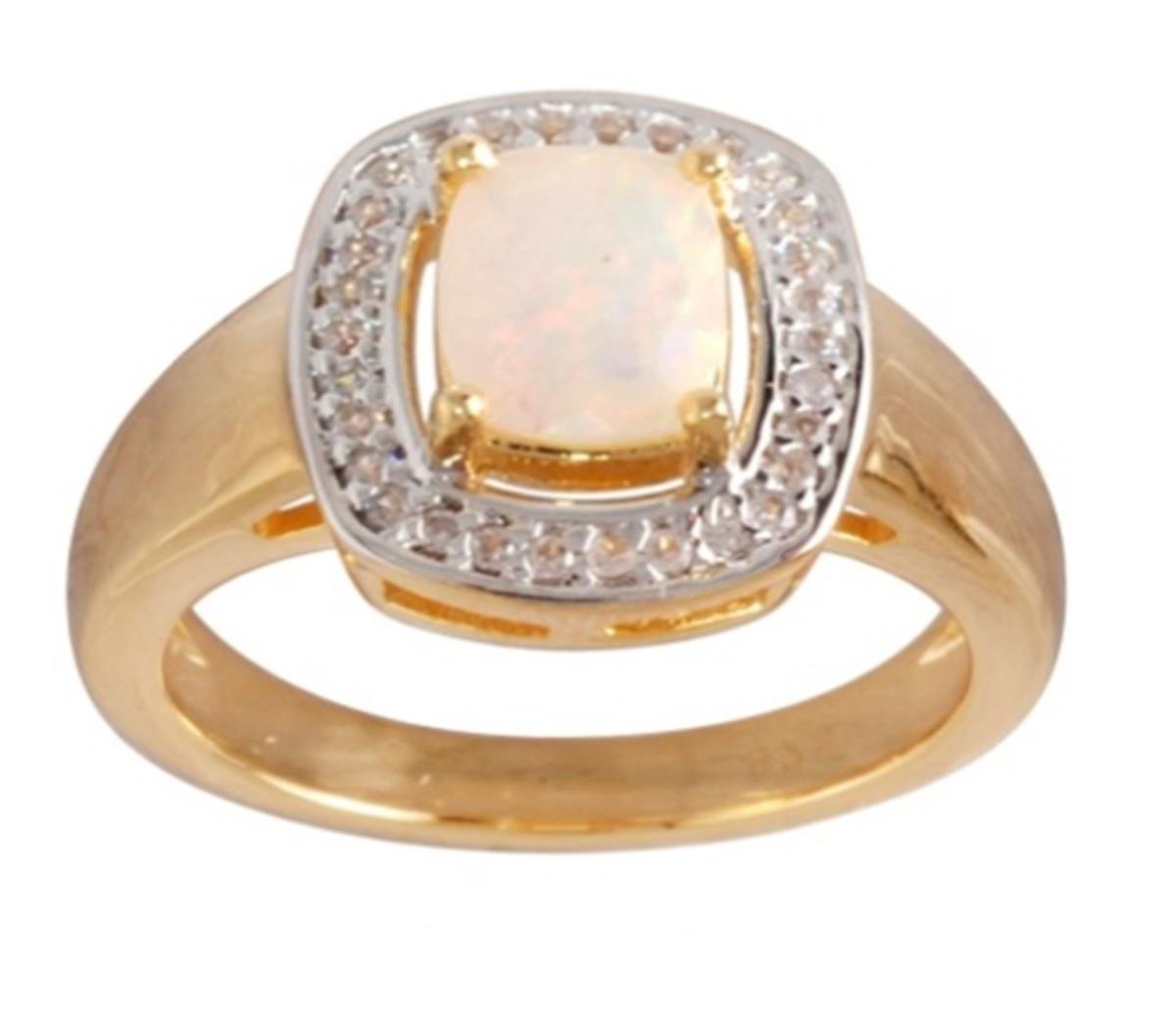 10K Two-Tone Gold 8x6mm Ethiopian White Opal Cushion Shaped & White Zircon Halo Fashion Ring