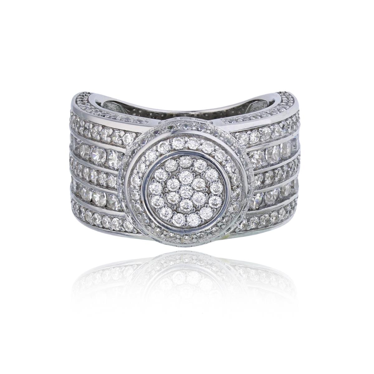 Sterling Silver Rhodium Micropave Multi-Row Circle Top Men's Ring