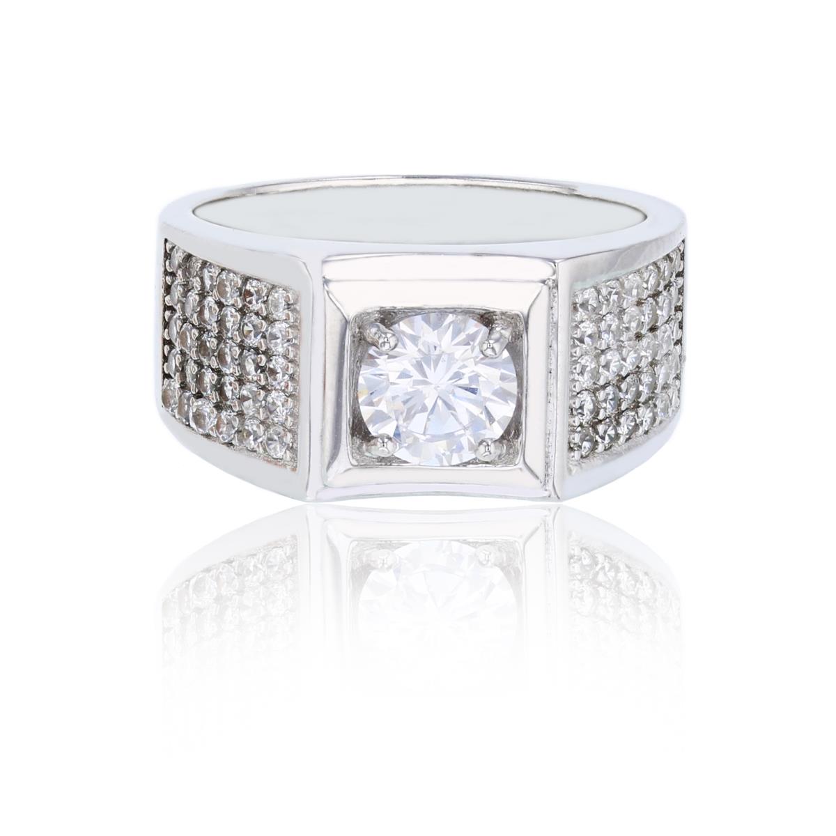 Sterling Silver Rhodium 6mm Round Cut CZ & Micropave Sides Men's Ring