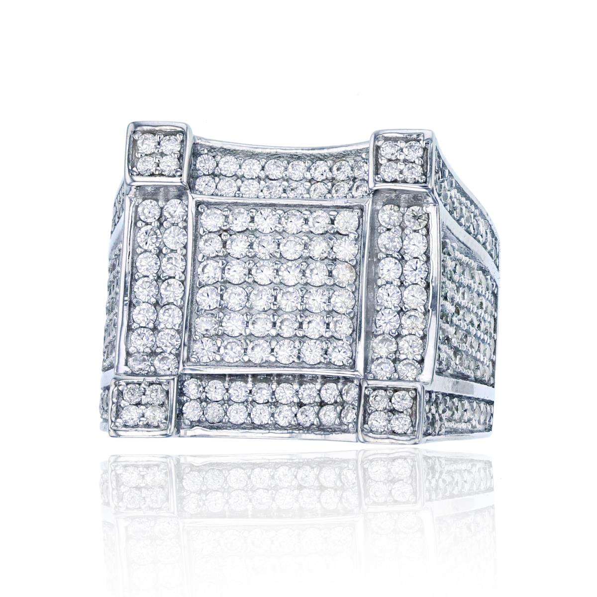 Sterling Silver Rhodium Micropave Castle Setting Men's Ring