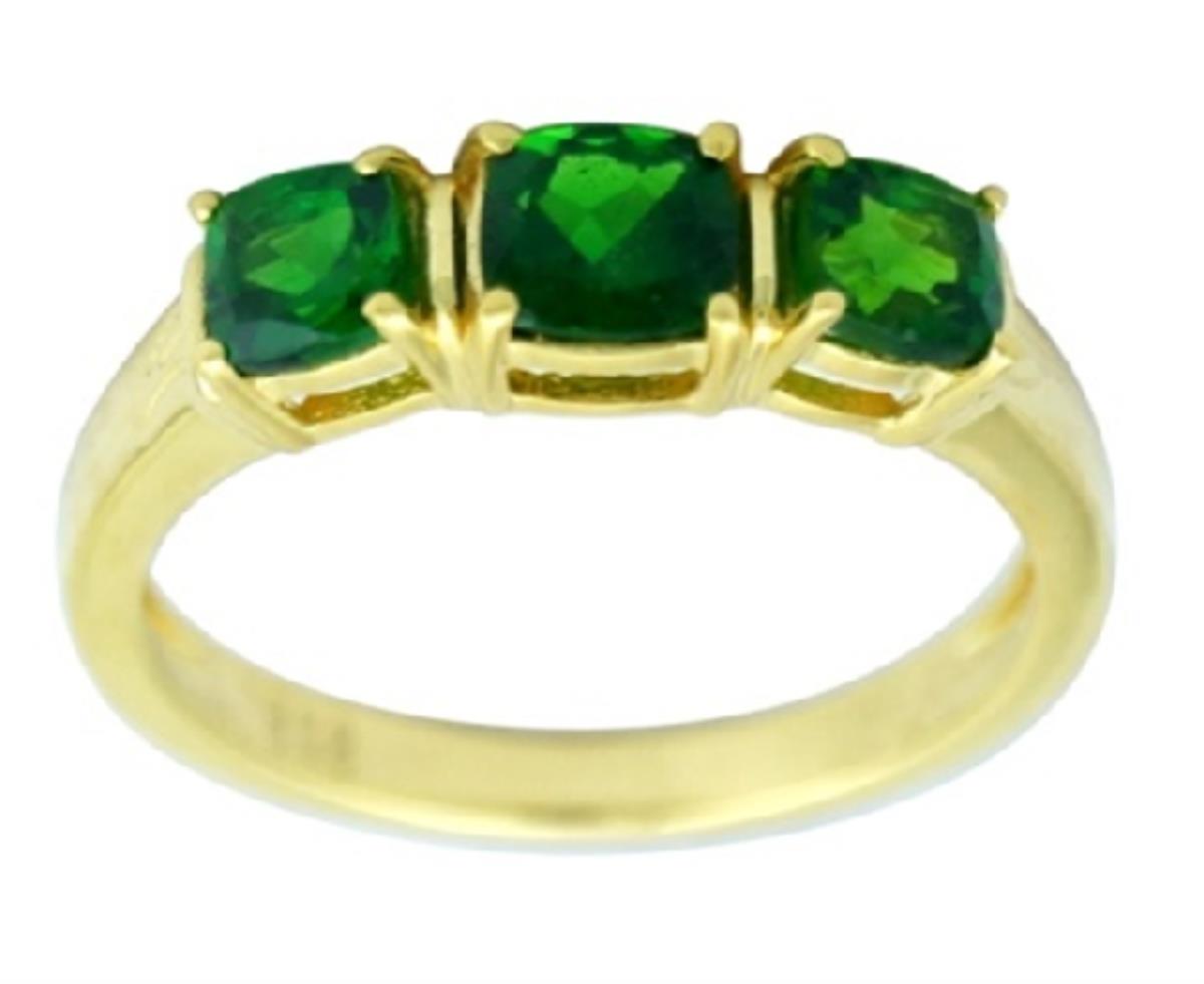 10K Yellow Gold 3-Stone Green Chrome Diopside Cushion Cut Fashion Ring