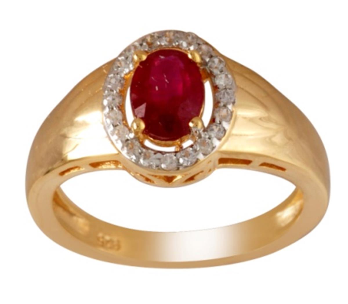 Sterling Silver Yellow 1-Micron 7x5mm Glass Filled Ruby Oval Cut & White Zircon Halo Fashion Ring