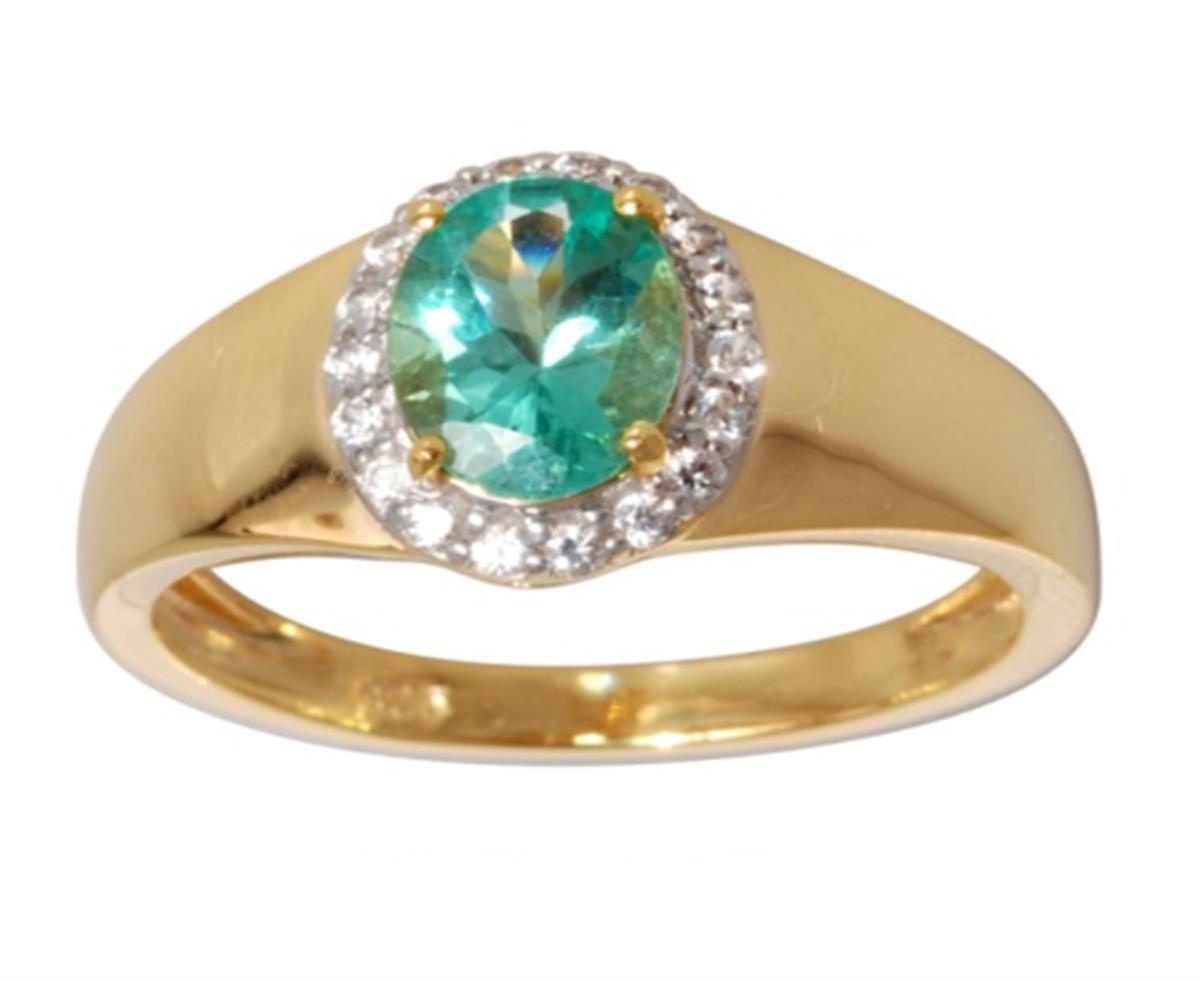 Sterling Silver Yellow 1-Micron 8x6mm Green Emerald Apatite Oval Cut & White Zircon Halo Ring