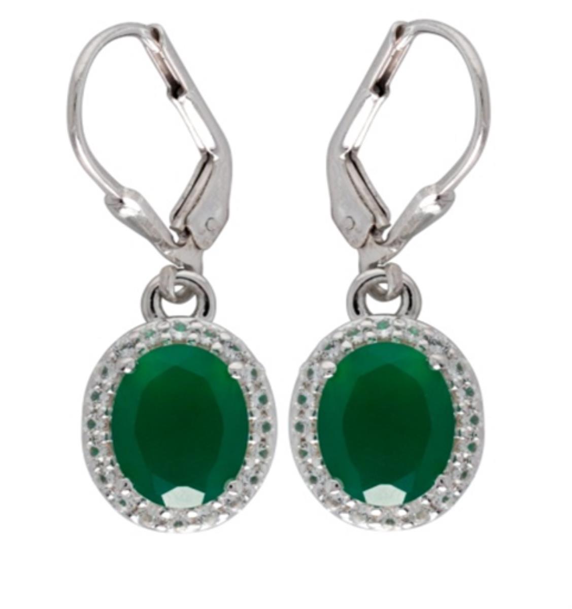 Sterling Silver Rhodium 9x6mm Oval Cut Green Onyx & White Topaz Halo Lever-Back Dangling Earring