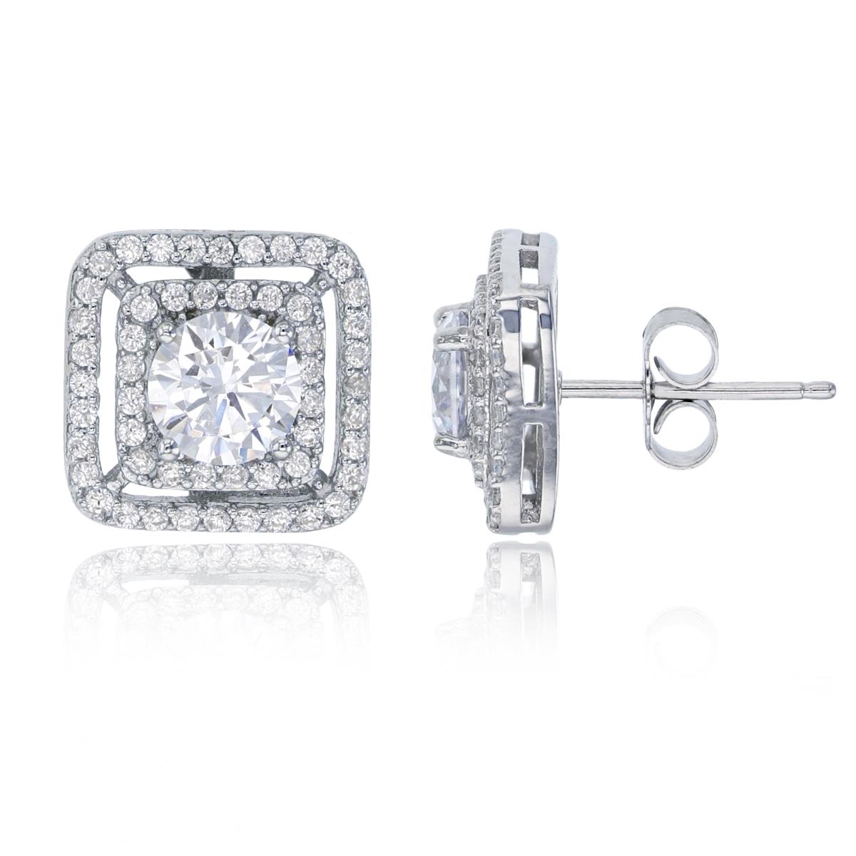 Sterling Silver Rhodium 6mm Round Cut CZ Double Square Halo Stud Earring