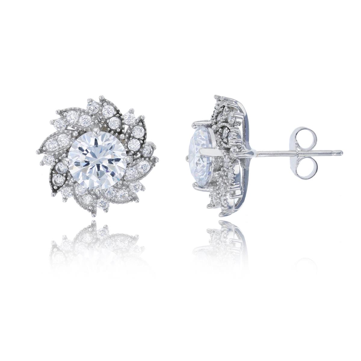 Sterling Silver Rhodium 7mm Round Cut CZ Pave Flower Stud Earring