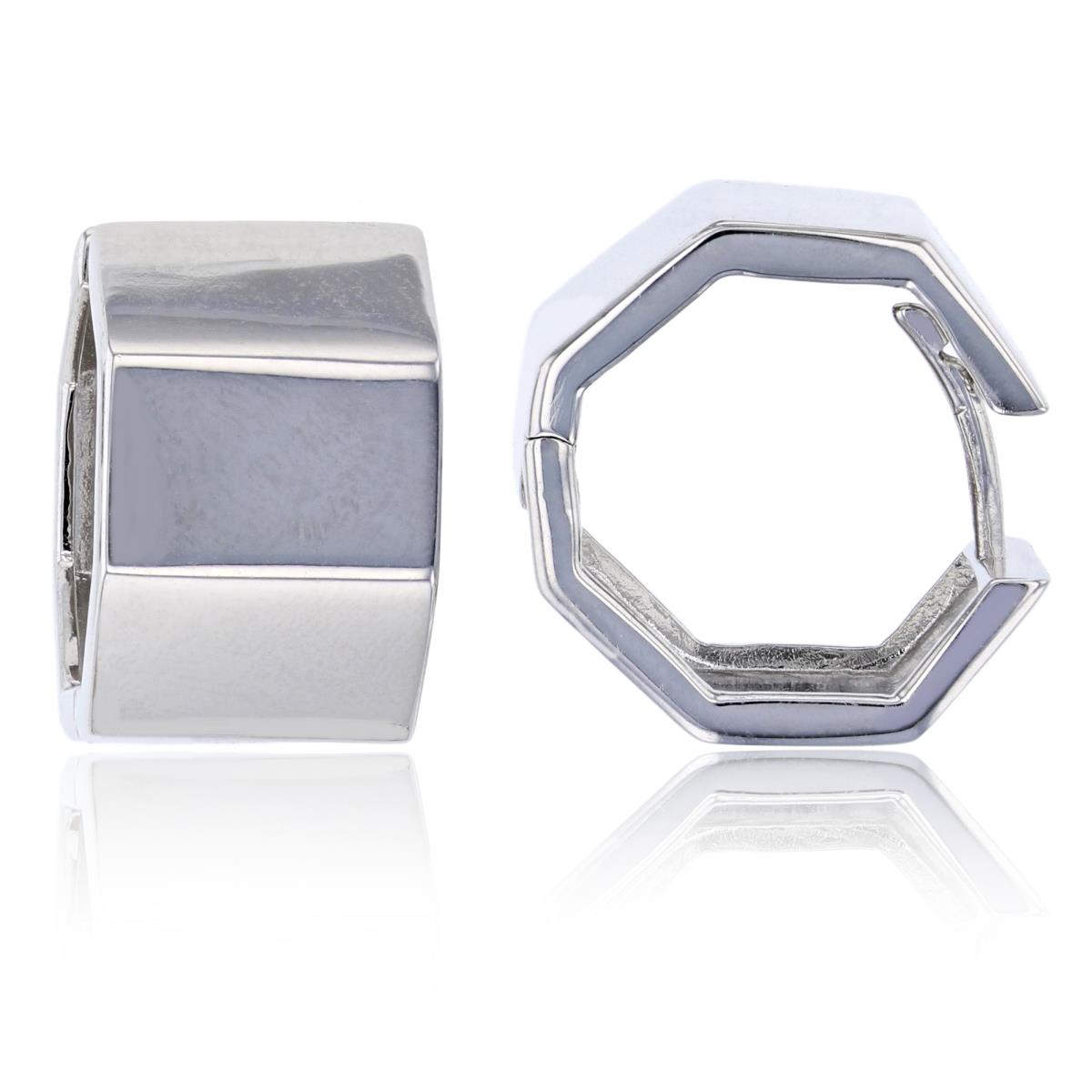 Sterling Silver Rhodium 18x12mm High Polished Octagonal Huggie Earring