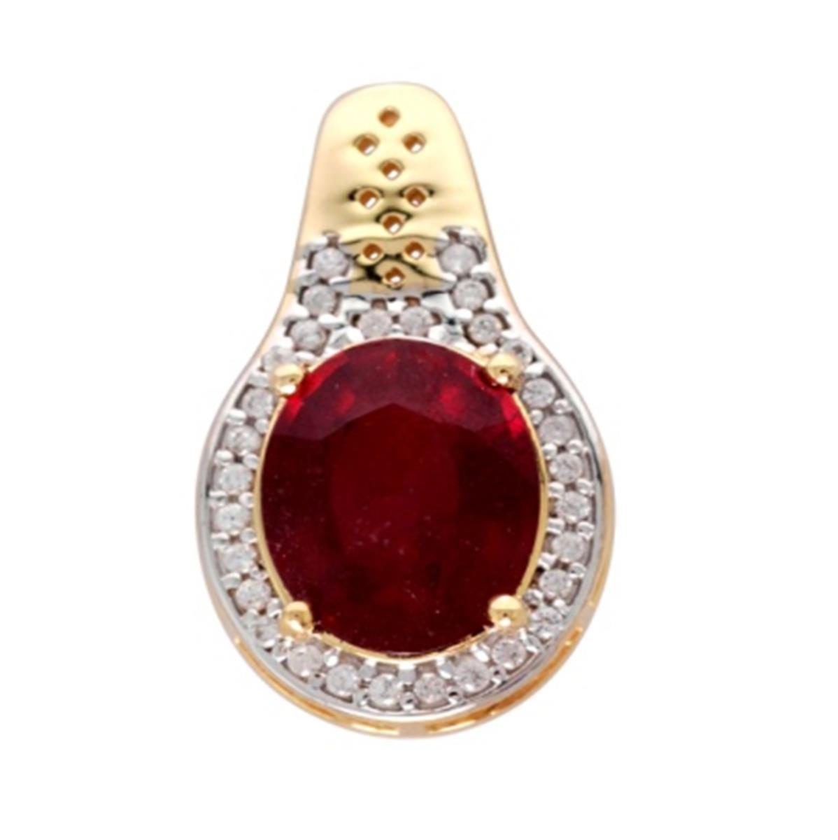 Sterling Silver Yellow & White 1-Micron 10x8mm Oval Cut Glass Filled Ruby & White Zircon Halo Teardrop Pendant