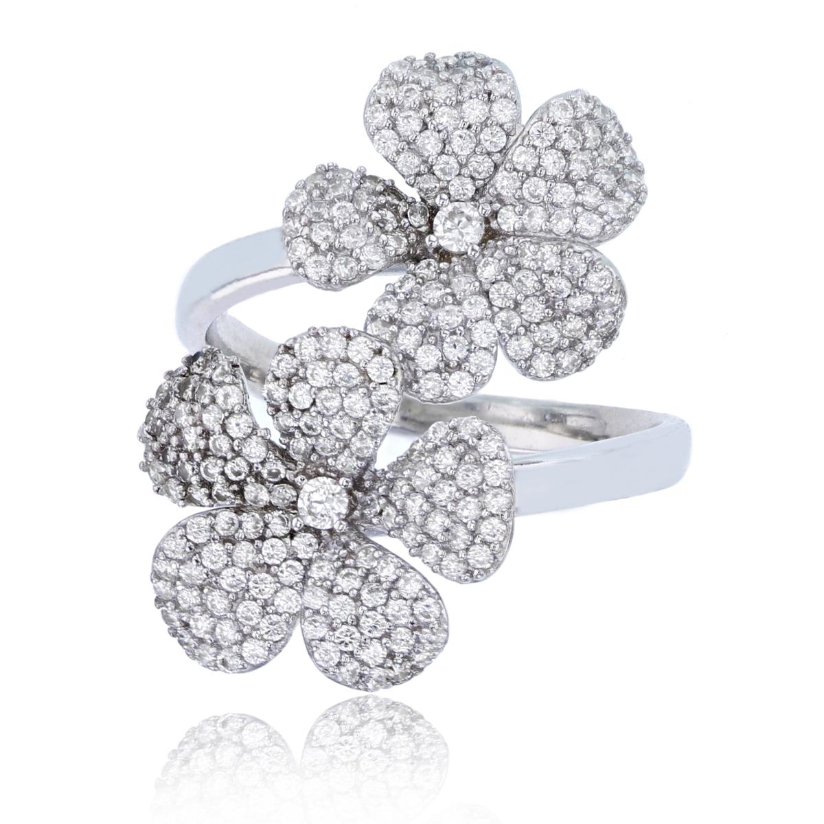 Sterling Silver Rhodium Micropave Double Flower Fashion Ring