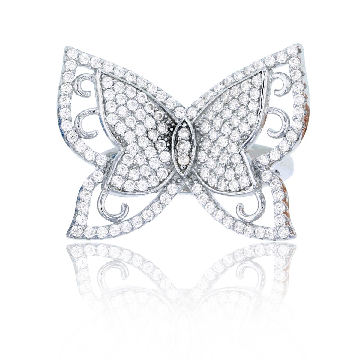 Sterling Silver Rhodium Micropave Large Filigree Butterfly 20mm Polished Fashion Ring