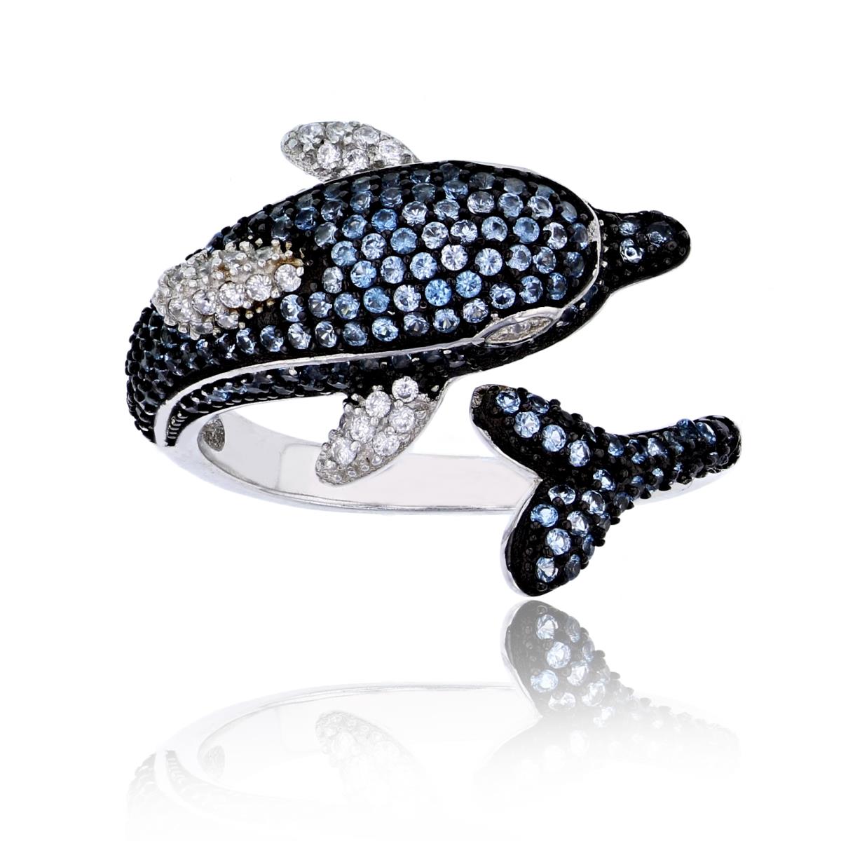 Sterling Silver Black & White 20mm Micropave London Blue & White Rd CZ Dolphin Ring