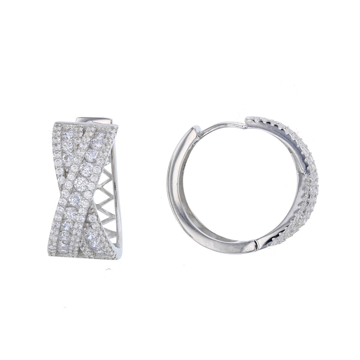 Sterling Silver Rhodium 25x12mm 2-Row Pave Rd CZ Overlapped Hoop Earring