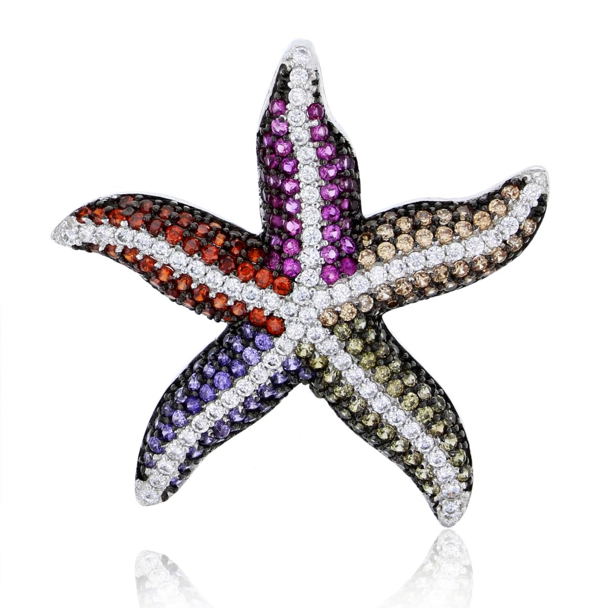 Sterling Silver Black & White Micropave Multi Color Star Fish Fashion Pendant