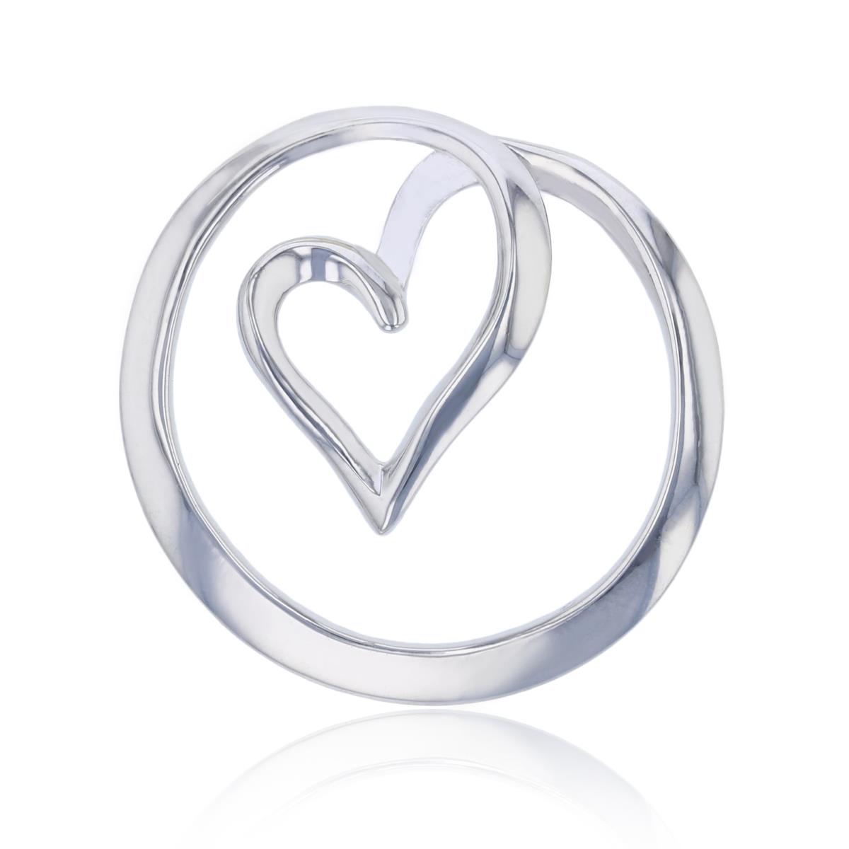 Sterling Silver Rhodium Polished Open Heart within Circle Pendant
