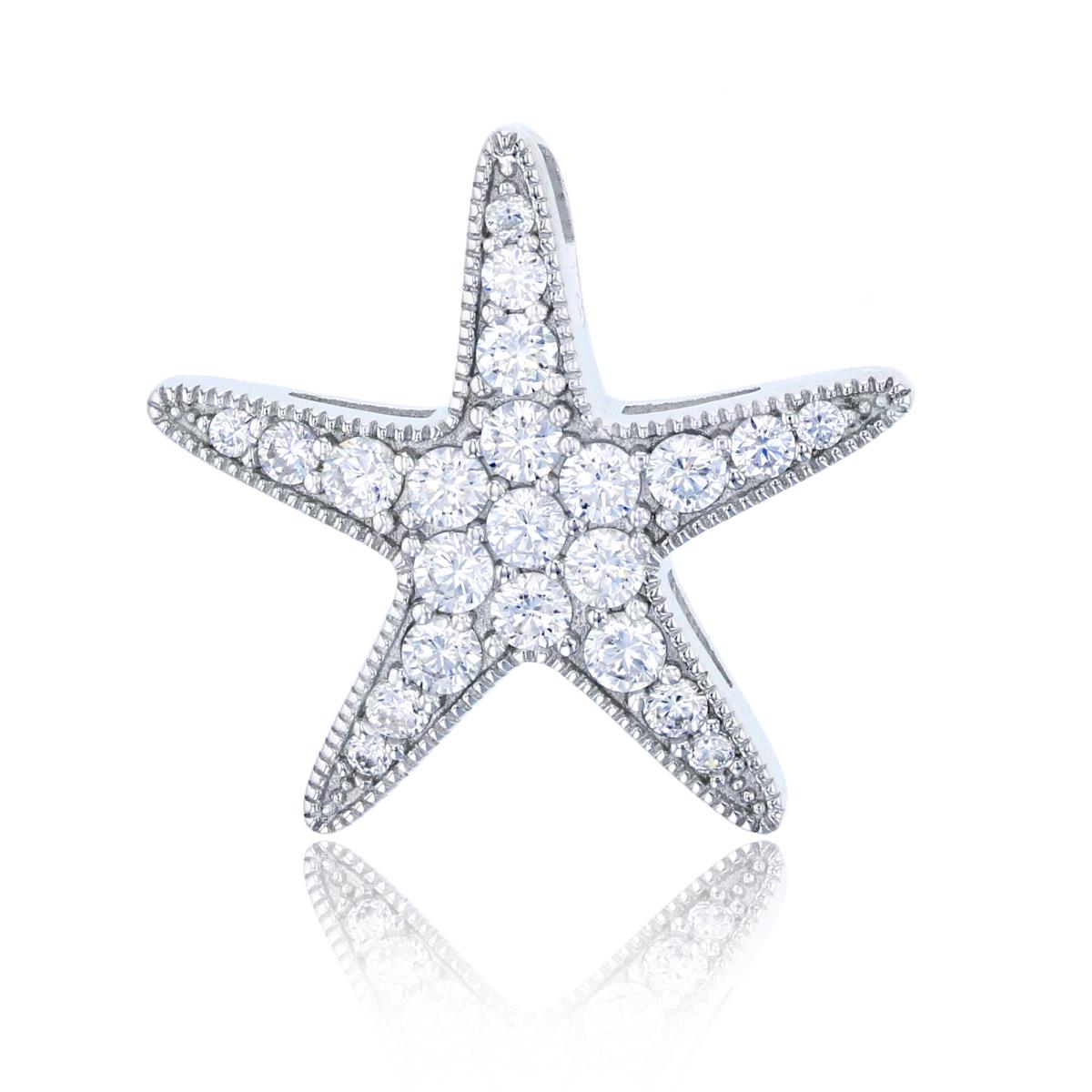 Sterling Silver Rhodium Milgrain Pave Star Fashion Pendant