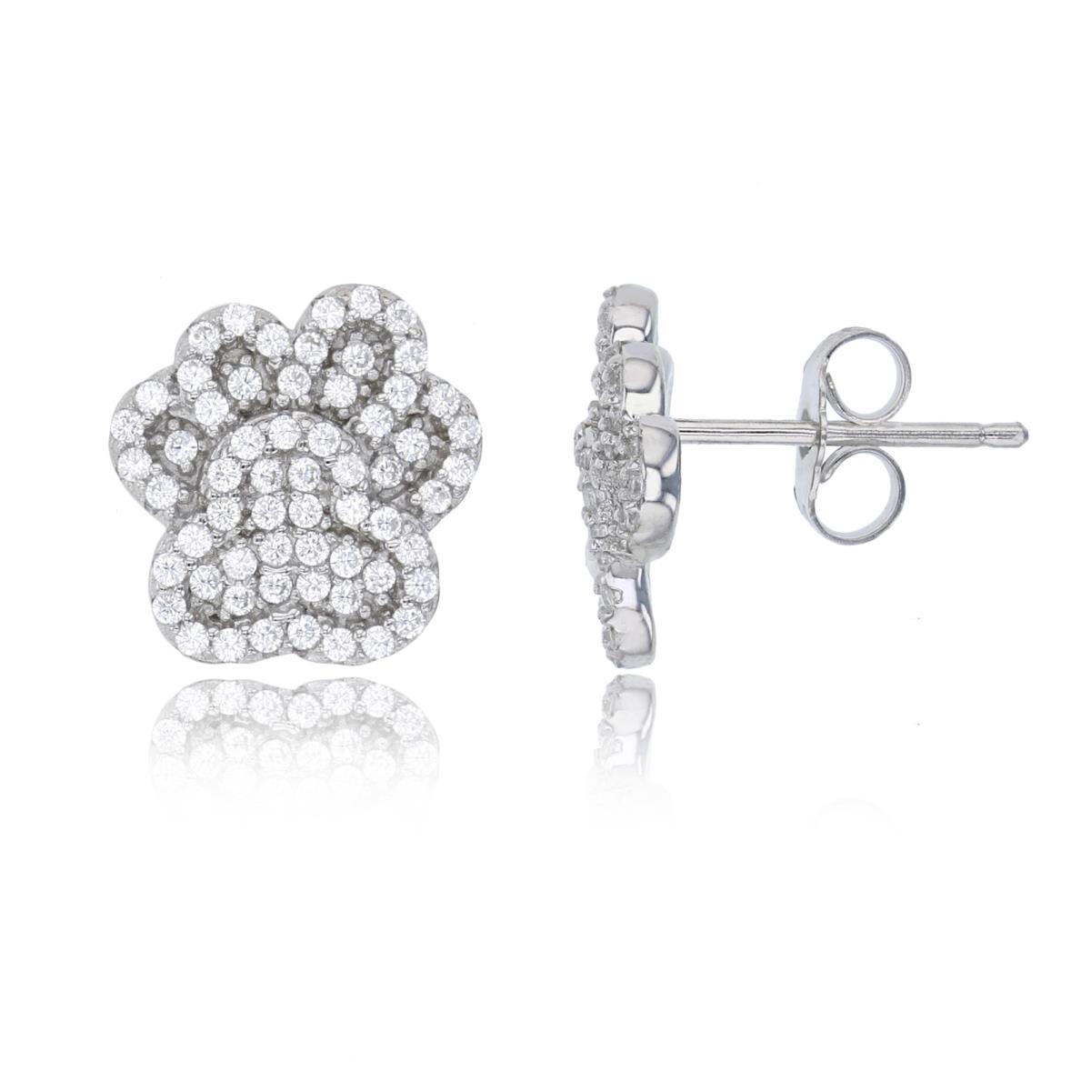 Sterling Silver Rhodium Micropave Paw Stud Earring