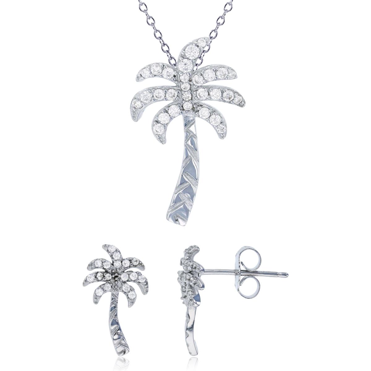 Sterling Silver Rhodium DC Palm Tree 18" Necklace & Earring Set