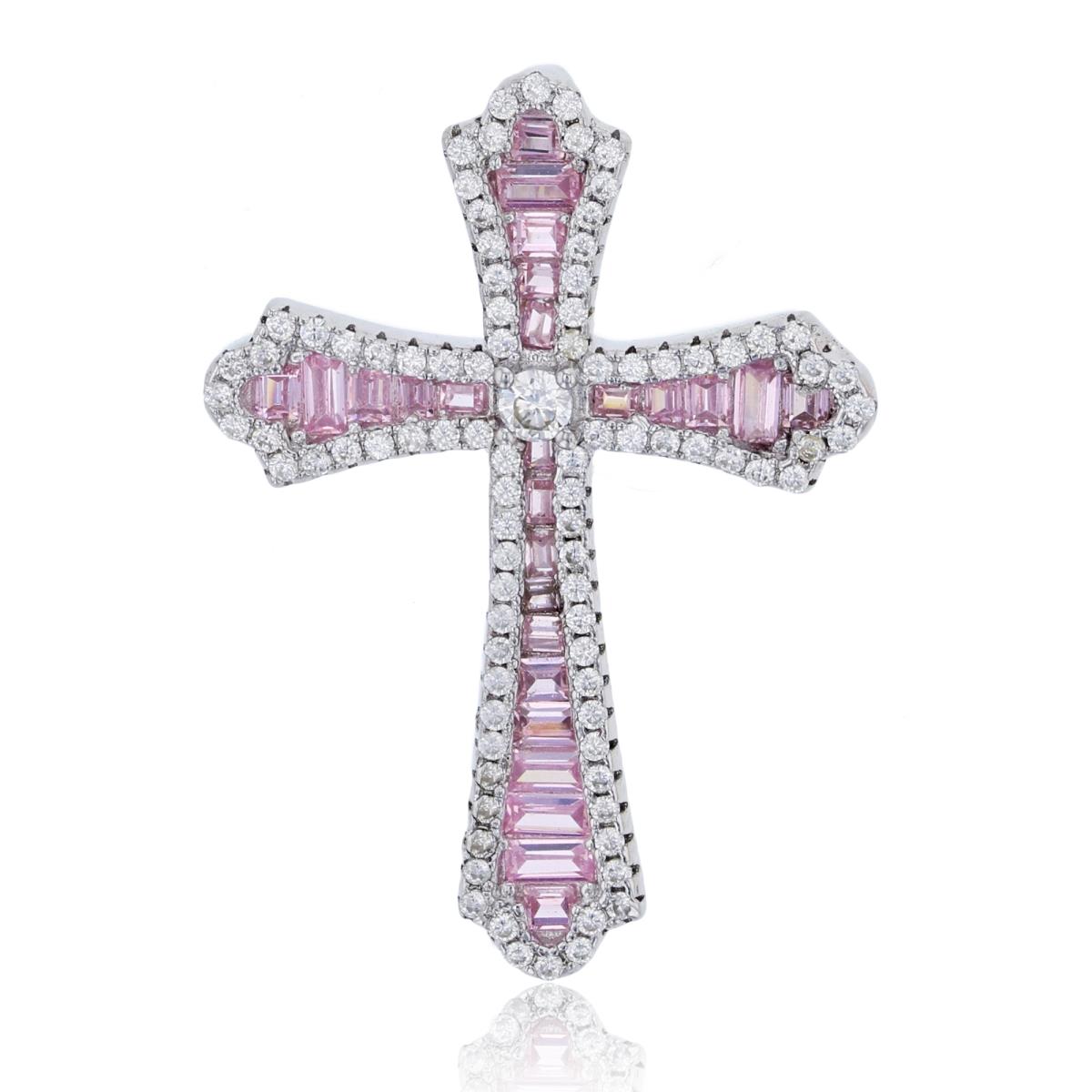 Sterling Silver Rhodium White Rd & Pink Baguette CZ Graduated Cross Pendant