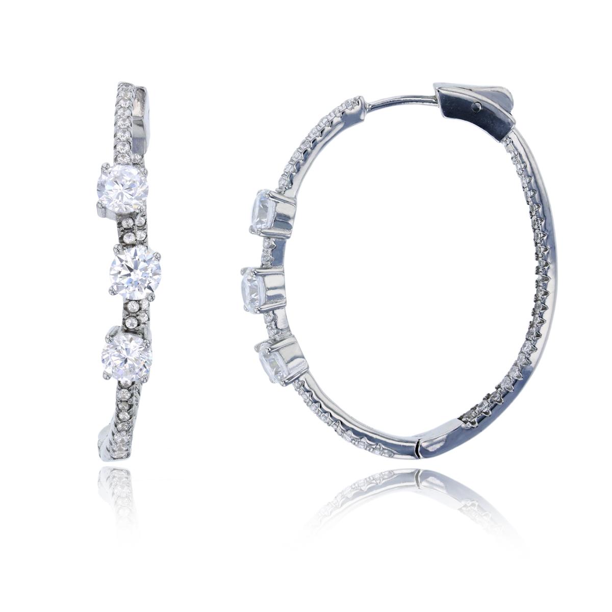 Sterling Silver Rhodium Triple 4.5mm Round Cut CZ Micropave Hoop Earring with Safety Lock