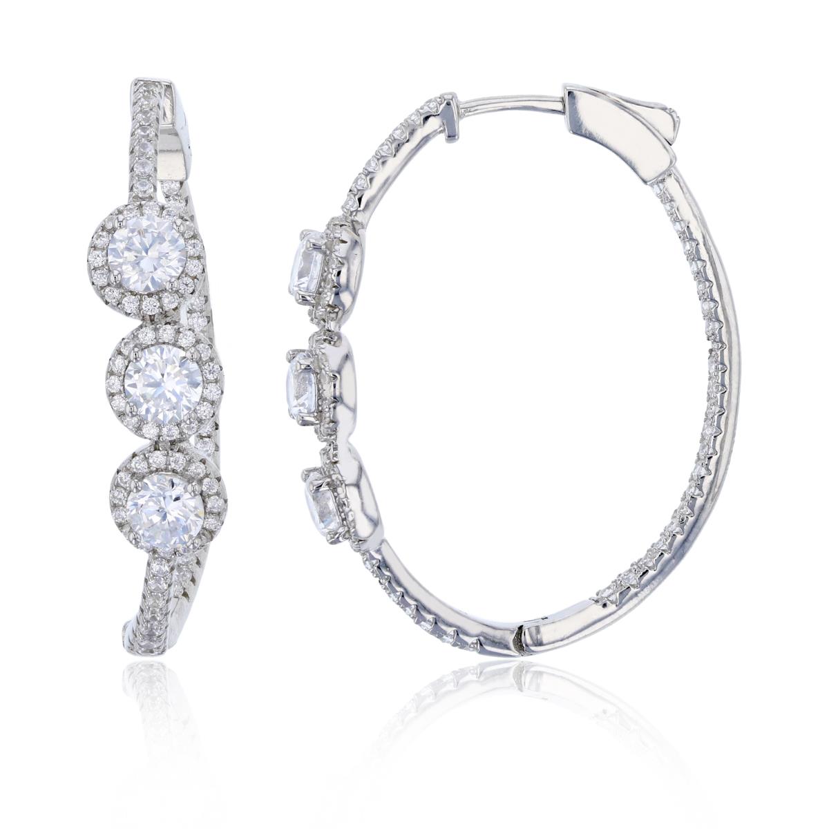 Sterling Silver Rhodium Triple 4.5mm Round Cut CZ Halo Hoop Earring with Safety Lock