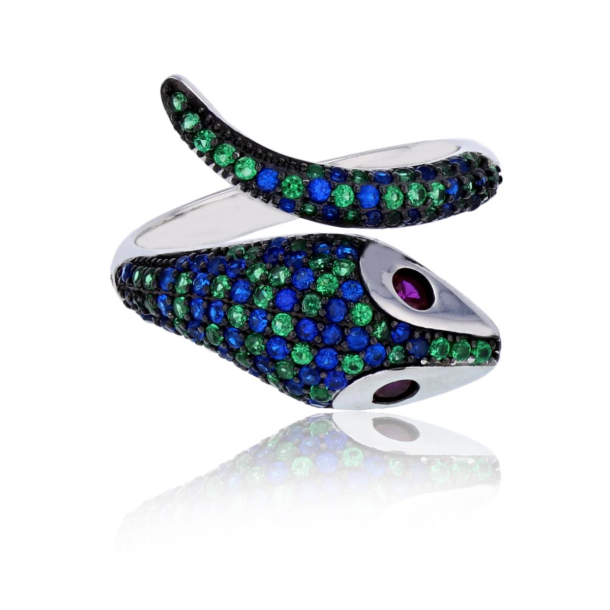 Sterling Silver Black & Rhodium Micropave Multi Color Snake Adjustable Fashion Ring