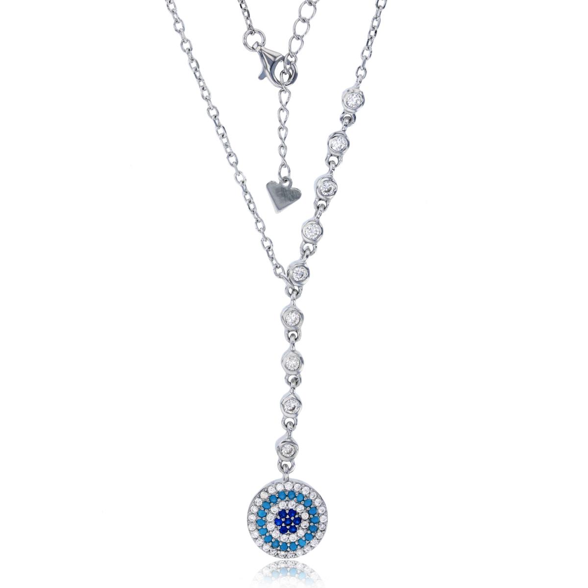 Sterling Silver Rhodium Micropave Multi Color Evil Eye & Round Bezel 16"+2" Extender Necklace