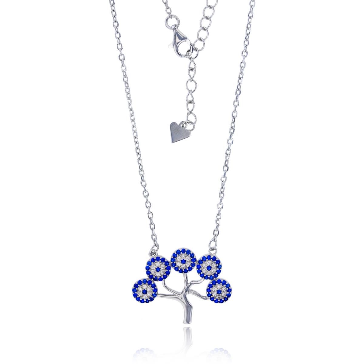 Sterling Silver Rhodium Micropave Sapphire & White Evil Eye Tree 16"+2" Extender Necklace