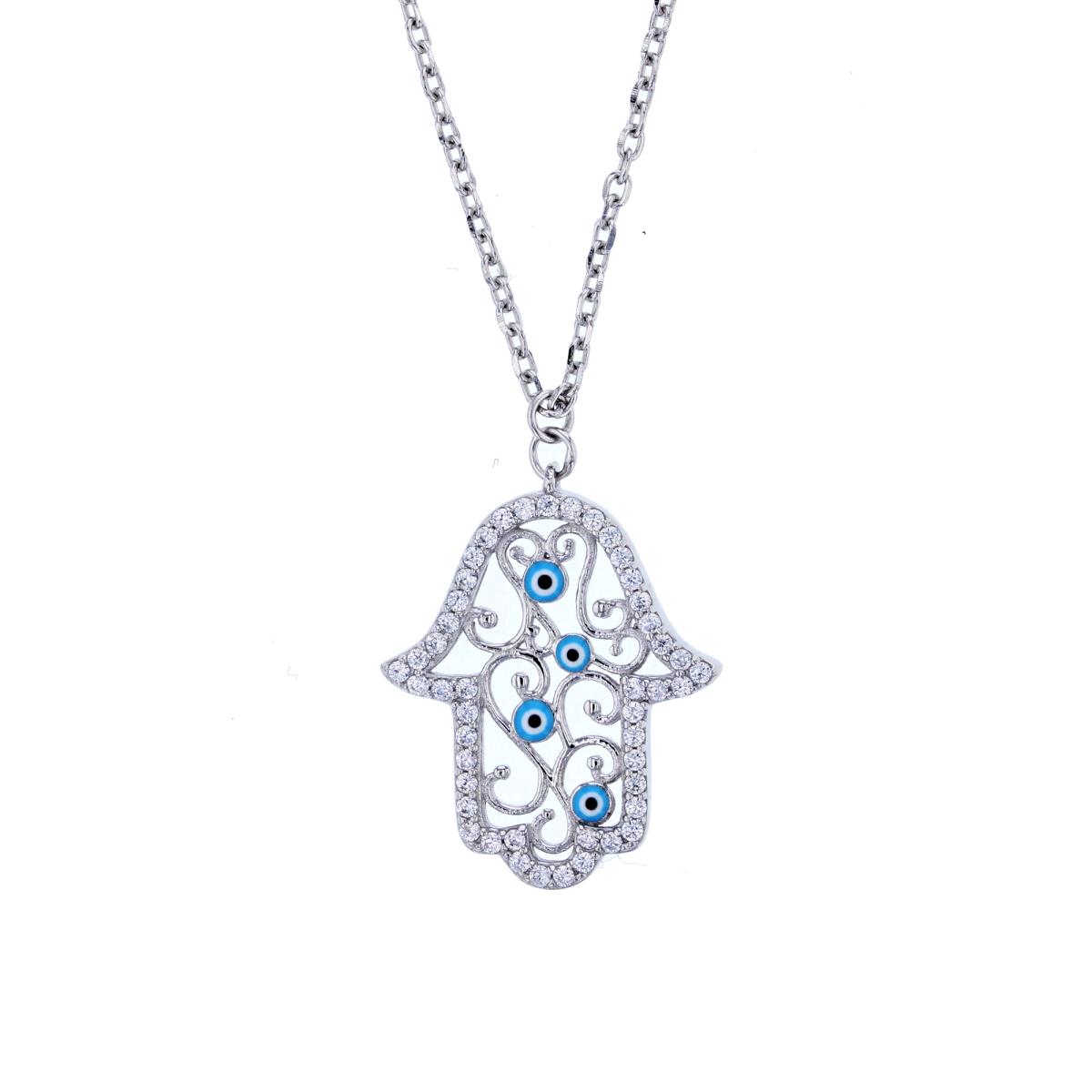 Sterling Silver Rhodium 24x19mm  Micropave Filigree Hamsa with Enamel Evil Eye 16"+2" Extender Necklace