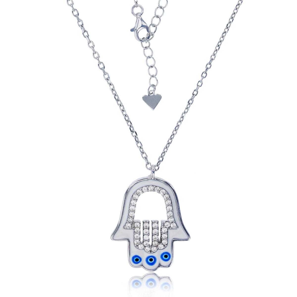 Sterling Silver Rhodium 24x17mm Micropave & Enamel Hamsa with Triple Evil Eye 16"+2" Extender Necklace
