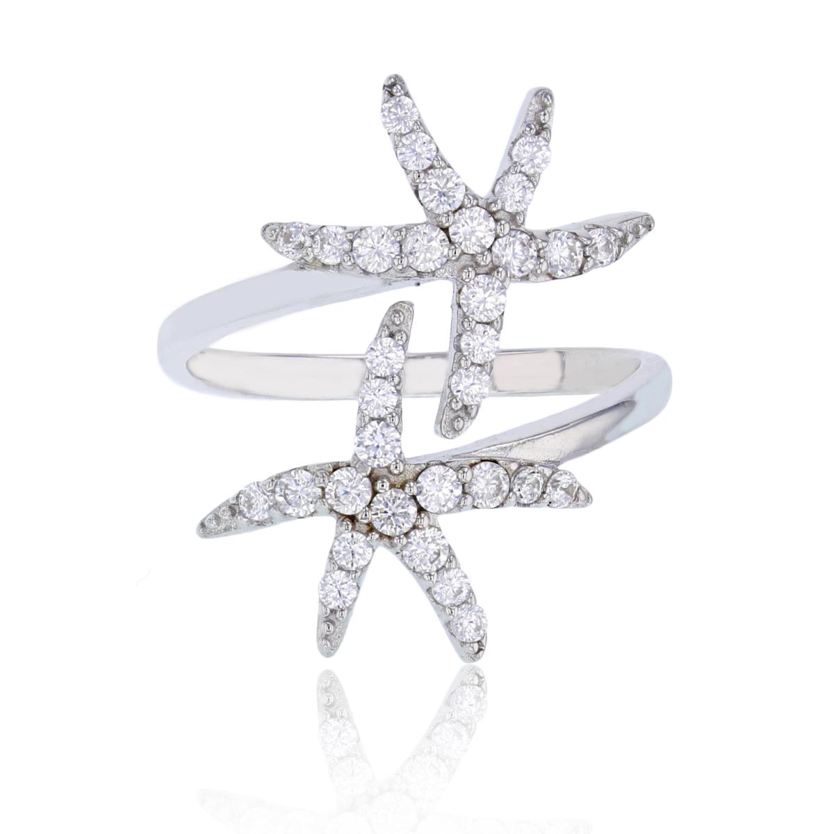 Sterling Silver Rhodium Micropave Double Overlapped Starfish Fashion Ring