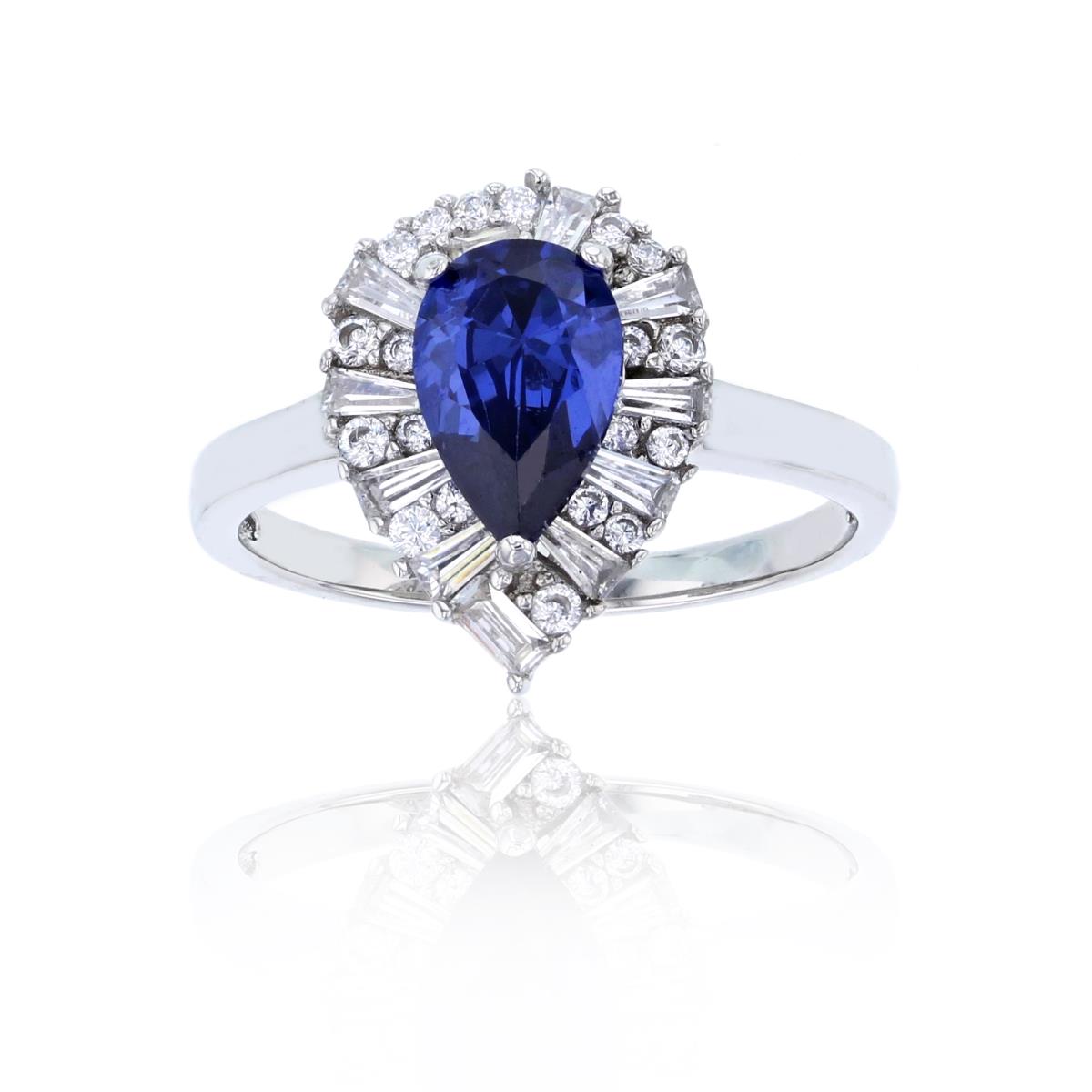 Sterling Silver Rhodium 9x6mm Tanzanite Pear Cut & White Pave Rd & Baguette Engagement Ring