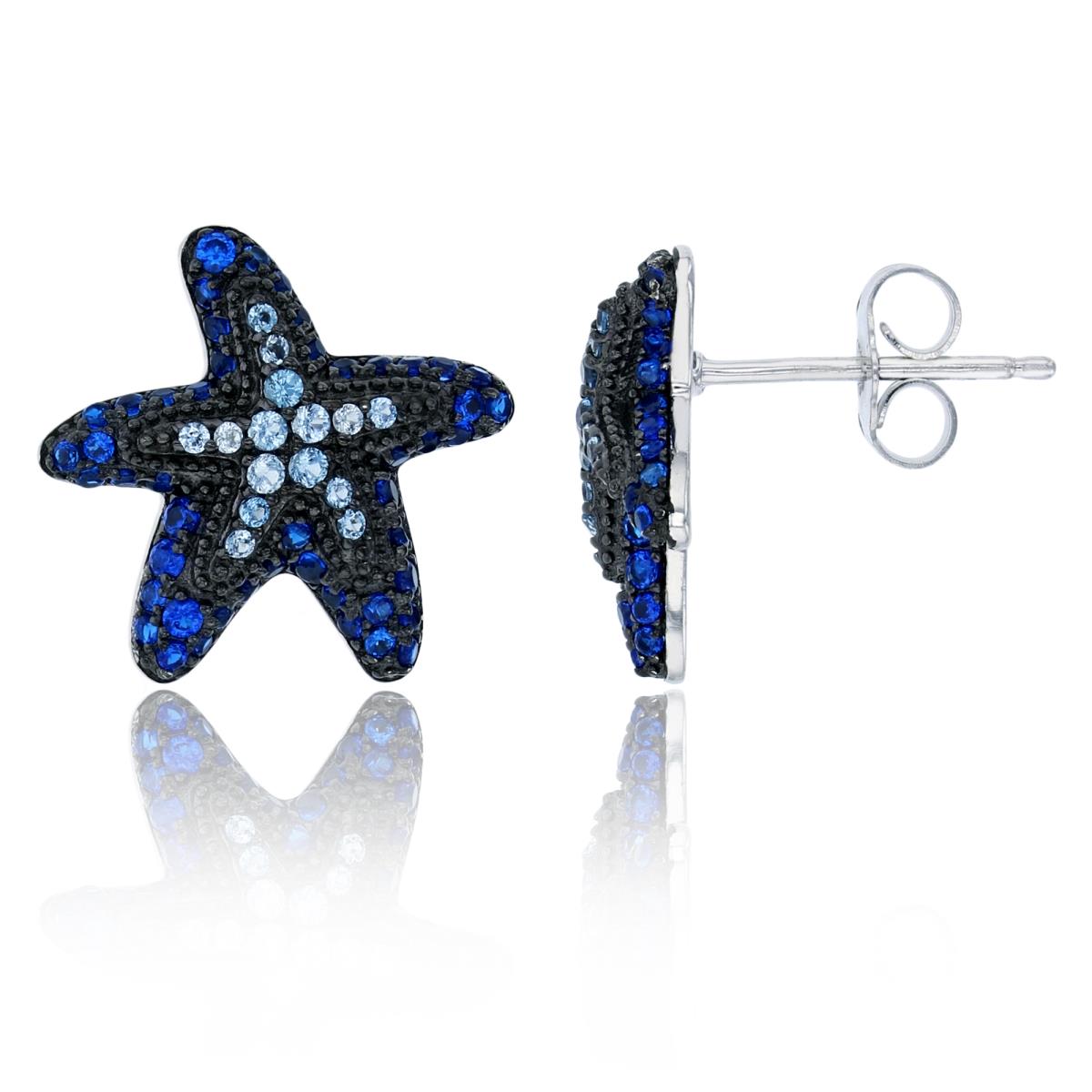 Sterling Silver Black & White Micropave London Blue & Sapphire Starfish Stud Earring