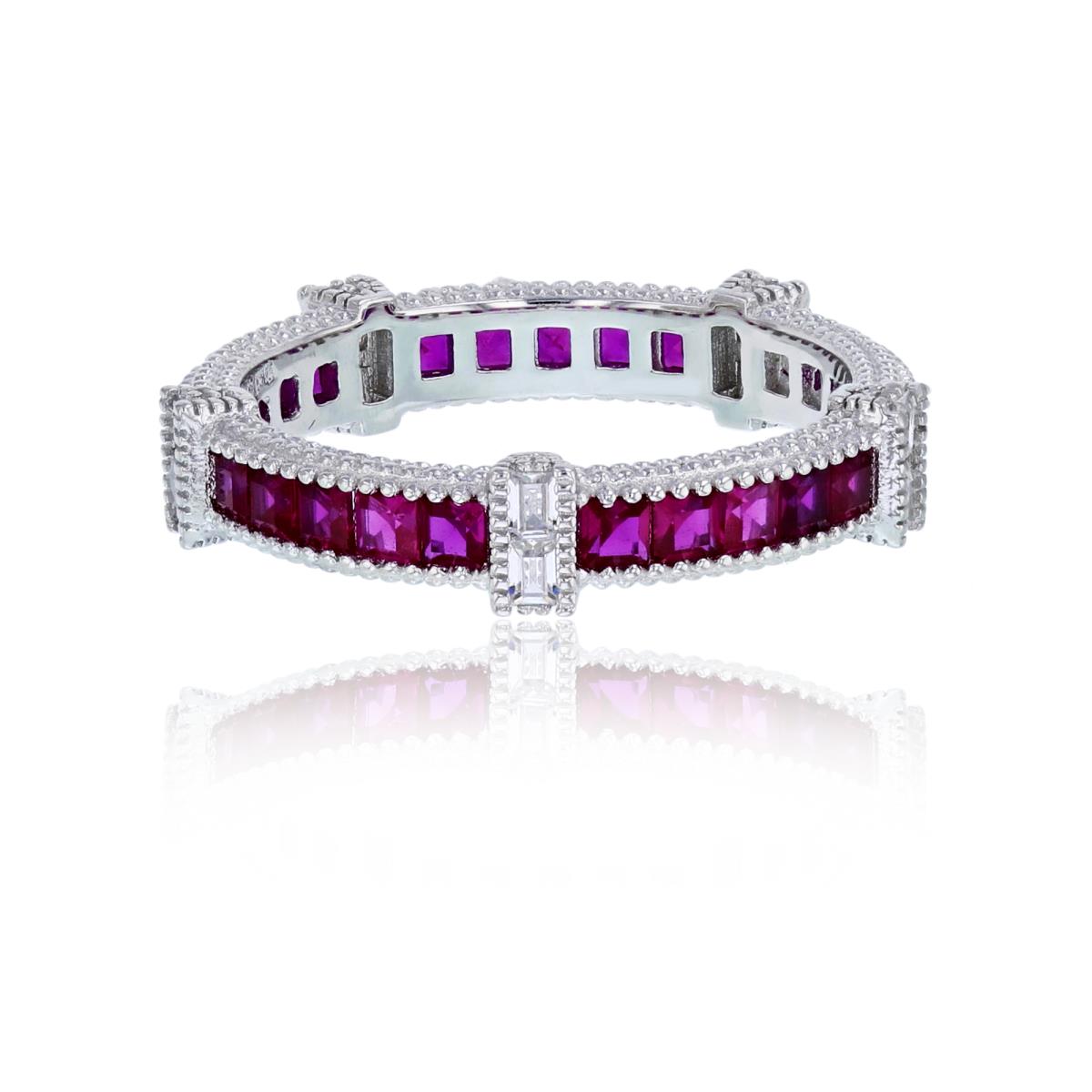Sterling Silver Rhodium Pave Ruby Princess Cut with White Baguette Stations Milgrain Eternity Ring