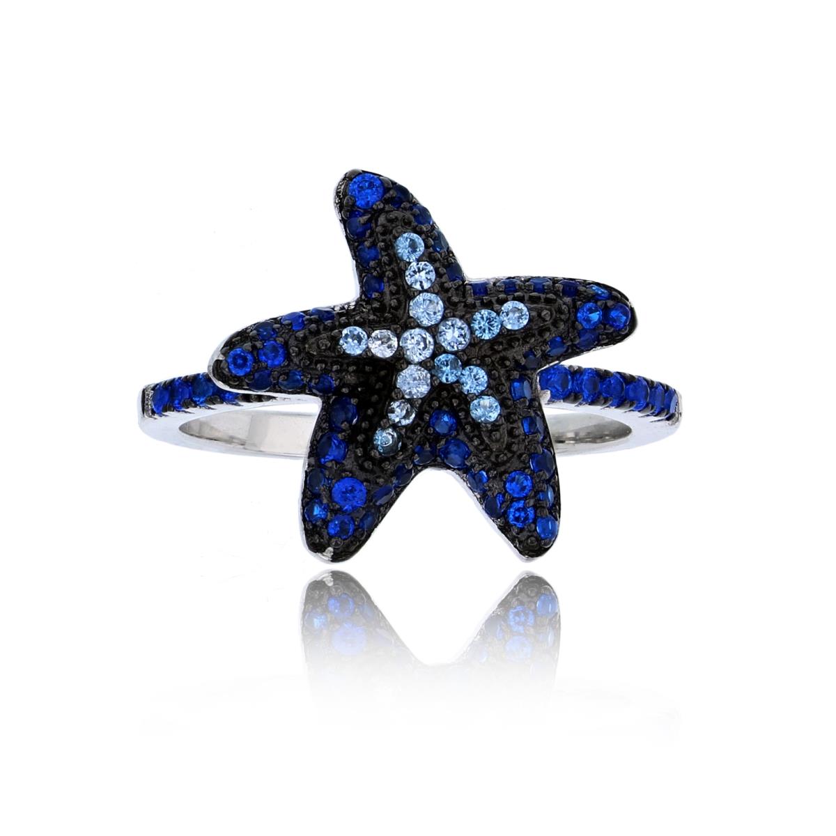 Sterling Silver Black & White Micropave London Blue & Sapphire Starfish Fashion Ring