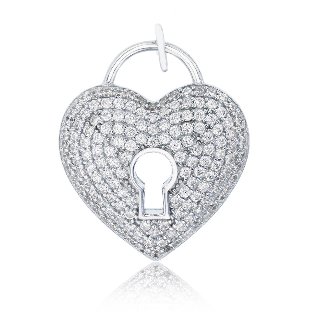 Sterling Silver Rhodium Micropave Heart Lock & Key Duo Pendant