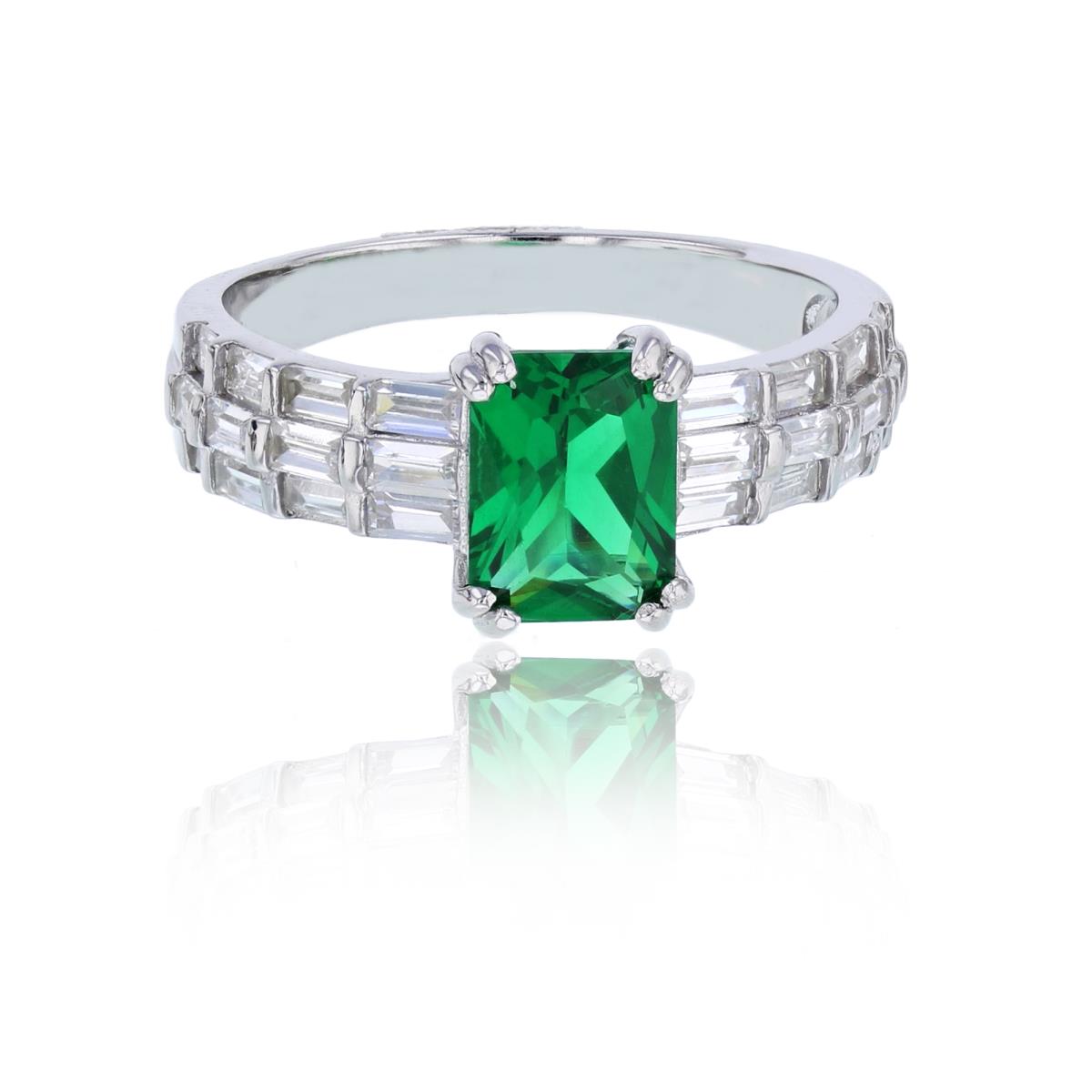 Sterling Silver Rhodium 8x6mm Green Emerald Cut CZ & White Graduated Baguette Sides Fashion Ring