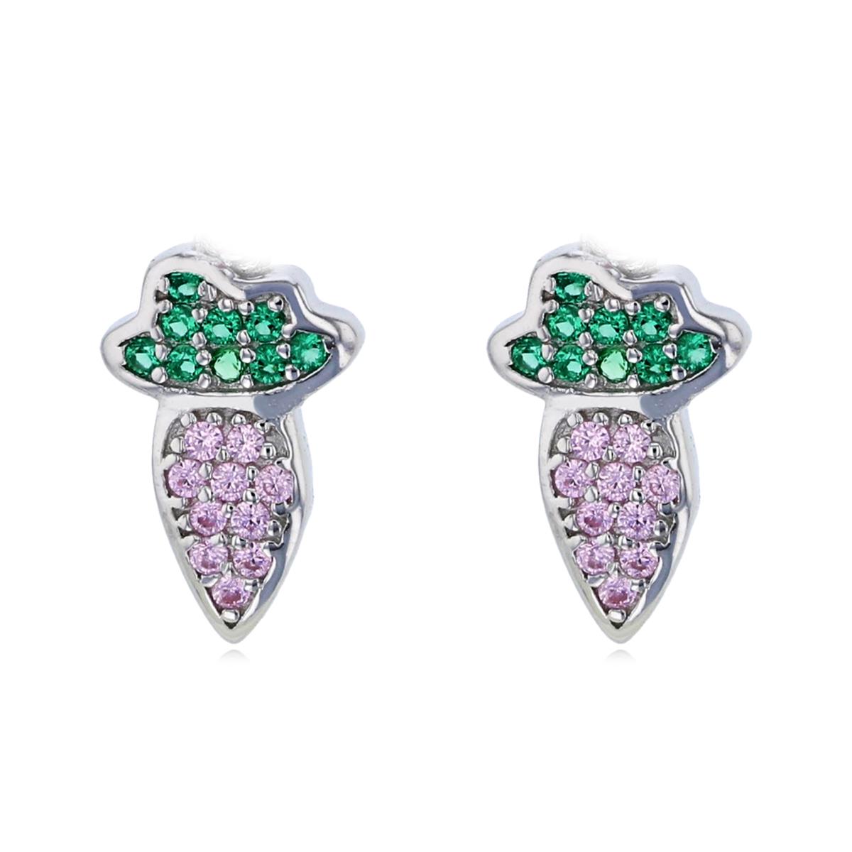 Sterling Silver Rhodium Green & Pink CZ Carrot Stud Earring