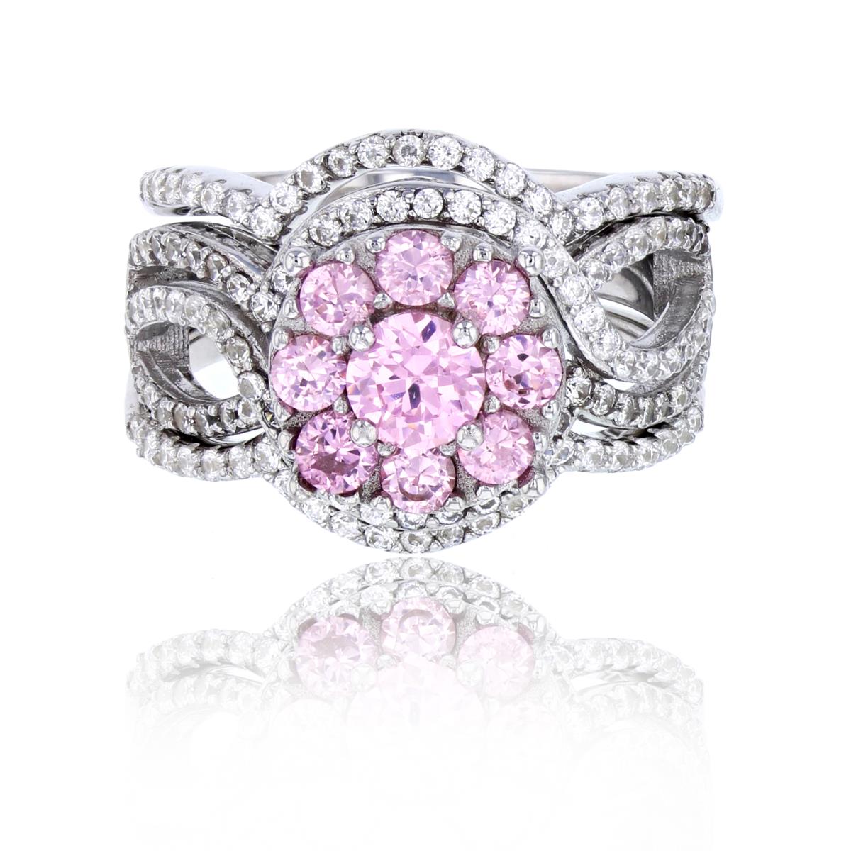 Sterling Silver Rhodium Pave Pink Cluster + White CZ Bypass Sides & Wavy Band Trio Ring