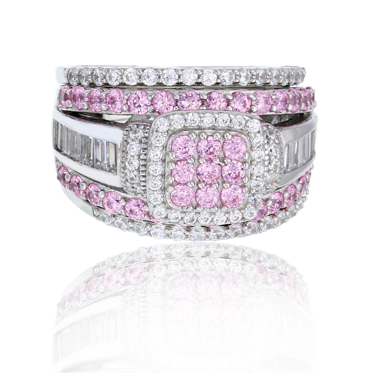Sterling Silver Rhodium Pave White & Pink Rd & Baguette CZ Square Trio Ring