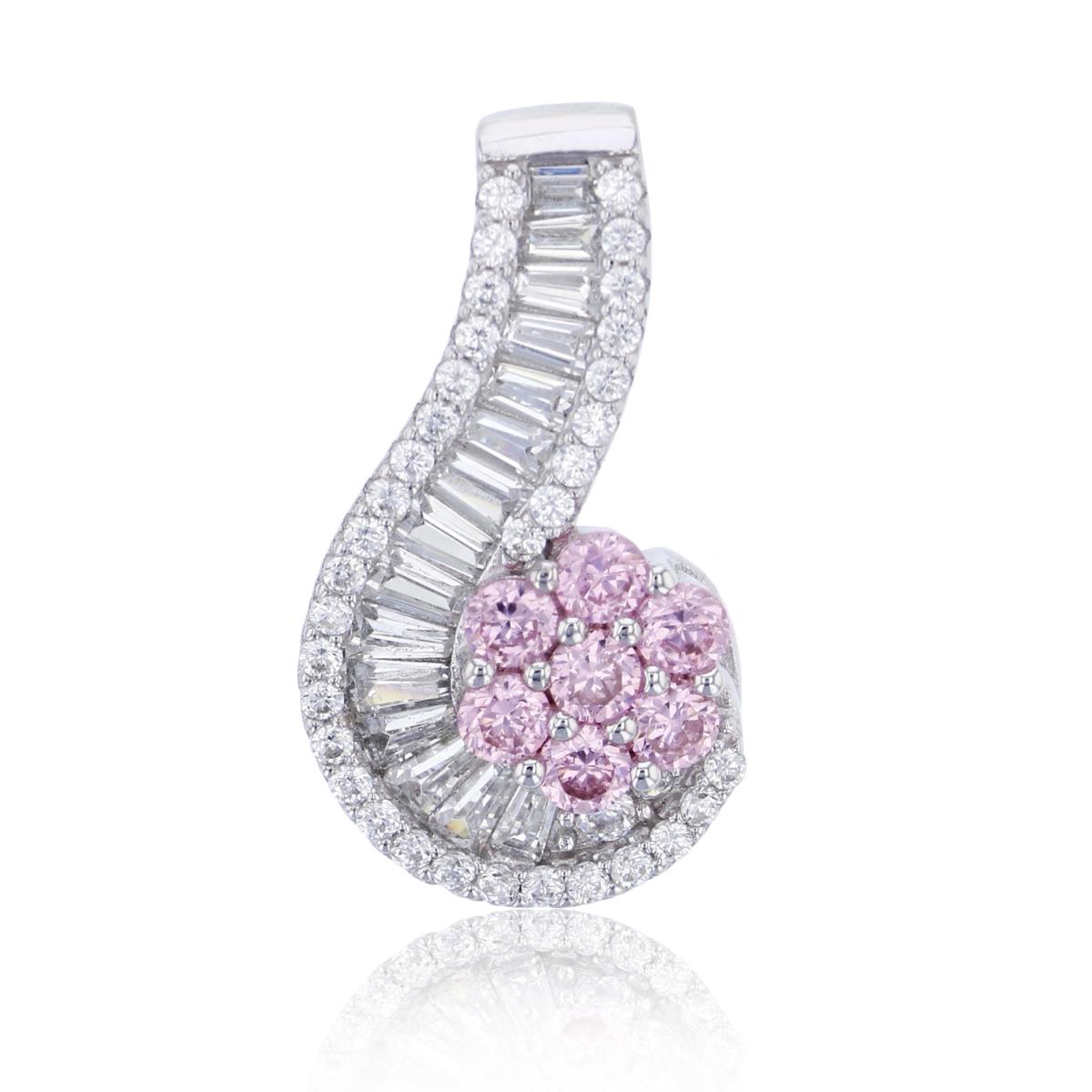 Sterling Silver Rhodium Pave White & Pink Rd & Baguette CZ Musical Note Fashion Pendant