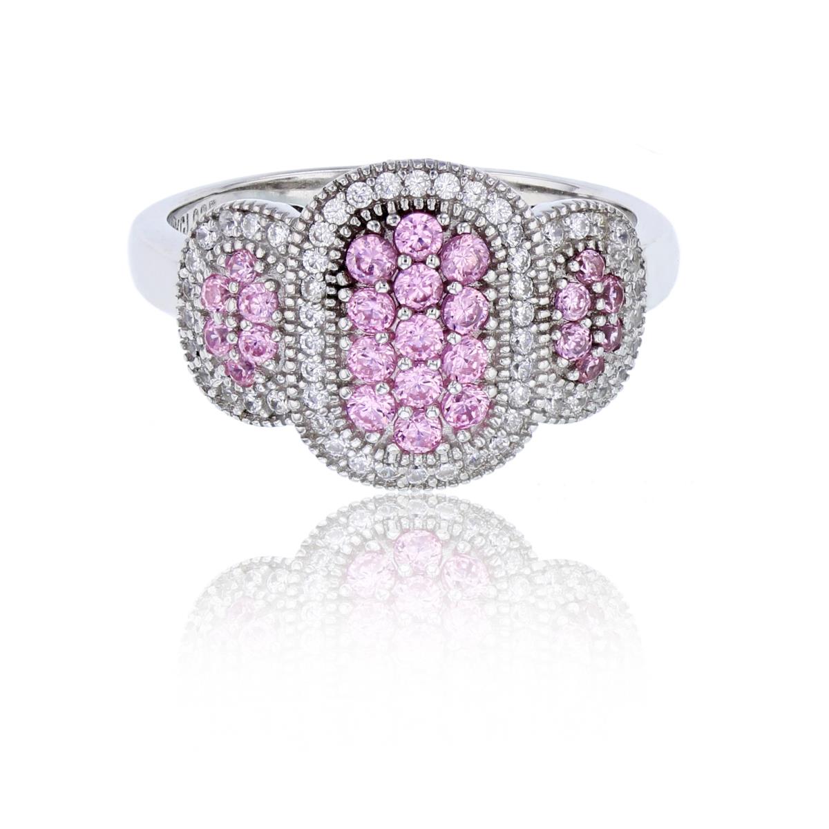 Sterling Silver Rhodium Pink & White Micropave Triple Oval Shaped Fashion Ring